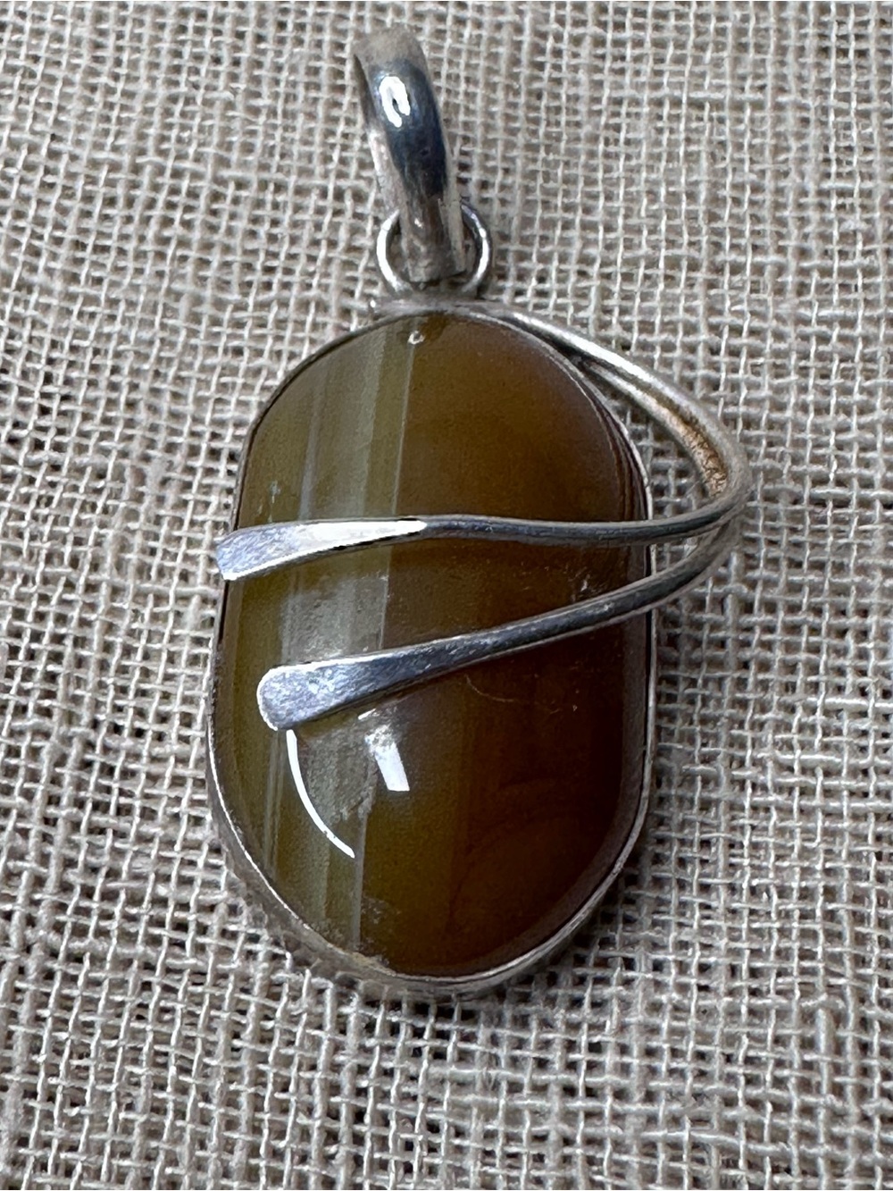 VTG 925 Sterling Silver Modernist Smoky Agate Pendant Vintage Ribbon Wave Oval
